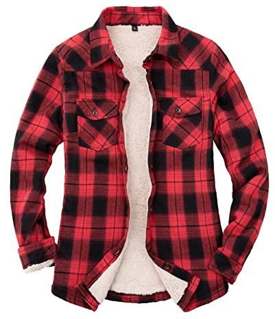 ZENTHACE Sherpa Fleecefodrad Flanellskjorta Jacka för Kvinnor, Button-Down Rutig Flanell, Rödsvart, XL