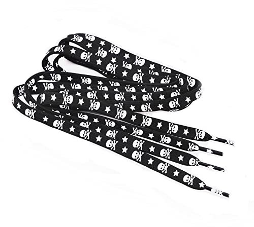 Xiazw 2 Paar 120cm Flache Schnürsenkel Schnüren Schuhbänder für Sneakers,Turnschuh,Laufschuhe,Stiefel (Schwarz mit Totenkopf Weiß Star)
