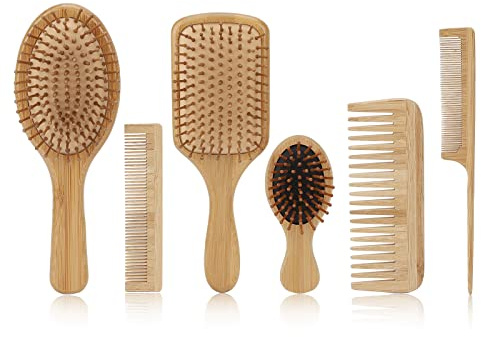 Set di Spazzole per Capelli in Bambù 6 in 1 Spazzole Districanti per Pallet Set di Spazzole e Pettini in Legno Naturale Ecologico, Adatto a Tutti i Tipi di Capelli per Capelli/sottili/ricci/secchi