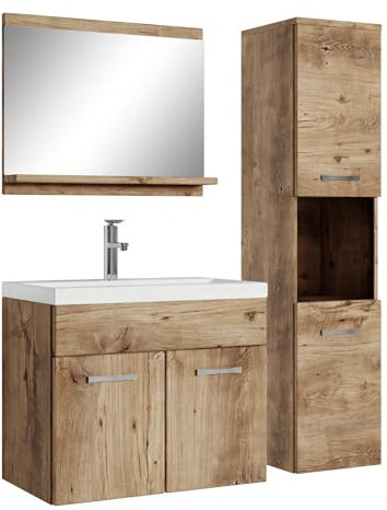 Badplaats Badmöbel Komplettset Montreal 60 x 35 cm Kastanien Eiche - Badezimmermöbel mit Waschbecken, Spiegel und Badezimmerschrank