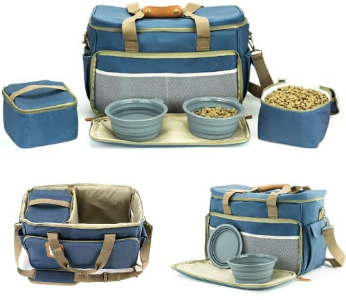 Posh Pooch Dog Travel Bag Pet Multi-Use Dog Outdoor Bag with Locking Safety Zippers, Food and Accessory Bag for Traveling For Dogs, Cats & Pets Includes Bowls, Matt, Tag & Shoulder Strap (Blue)