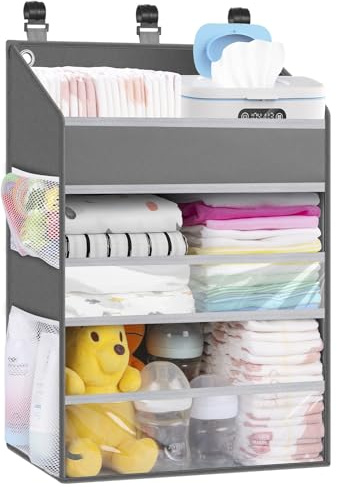 PHOTOONE Hanging Diaper Caddy Organizer Crib Organizer–Spacious Baby Girl/Boy Nursery Storage Organizer for Changing Table, Playpen/Wall- Hold 90+ Diaper (Grey)