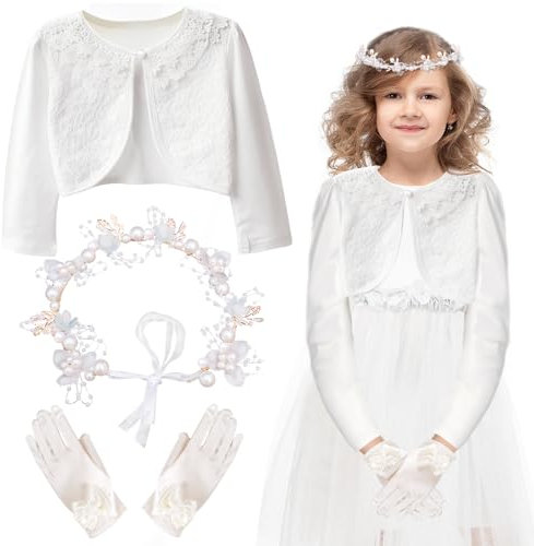 Huahuanghui Kommunionkleid Mädchen - Weißes Bolero + Haarschmuck + Handschuhe mit Schleife, Kommunion Geschenke, Erstkommunion Kleid 130 (3pcs)