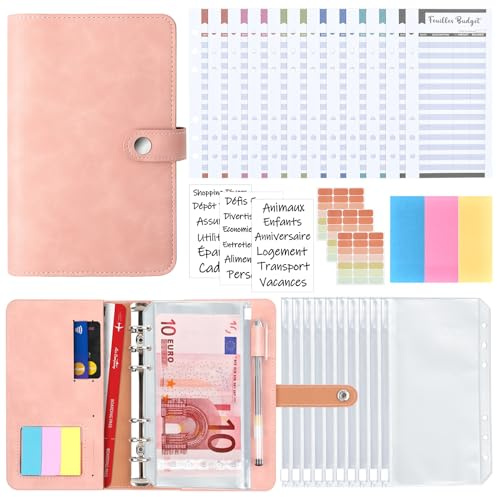 AiQInu Classeur A6, en PU Cuir Budget Planner Couverture avec 10 PVC Enveloppe Budget, 12 Feuilles Budget en Français, 3 Autocollants de Mots Français et 3 Autocollants