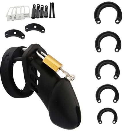 BDSMYEE Chastity Cage Male Peniskäfig Silikon mit 5 Hodenringe,Keuschheitskäfig Keuschheitsgürtel für Herren Sex Spielzeug für die Männer extrem Sex Toyset Herren (Schwarz, Langer Stil)