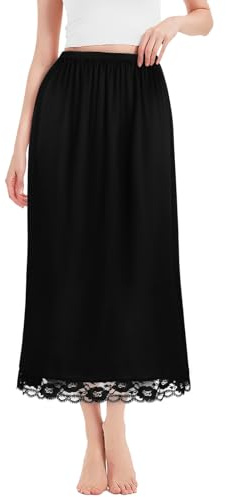 ACWOO Women's Satin Half Slips, Soft Lace Long Underskirt, Elastic Waist Half Slips Long Skirt Petticoat, Black Lace Waist Slips for Under Dresses, Ladies Underdress