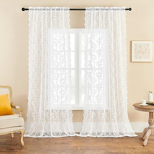 Tende in pizzo bianco, lunghe 274 cm, 2 pannelli, motivo cachemire, motivo floreale, per soggiorno, camera da letto, decorazione per asta, con tasca per bastone, tende trasparenti per grandi finestre,