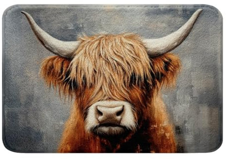 Loussiesd Hochlandkuh Badematte 50x80cm Hochlandrinder Badematte Tier Badteppiche Waschbar Wildtiere Badematte Zimmer Dekor Grau Orange Badvorleger