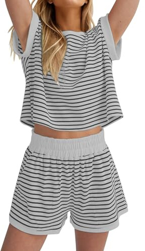 Famulily Summer Pyjamas for Women UK 2 Piece Nightwear Breathable Striped Sleepwear Pjs Lounge Sets with Pocket Grey XL