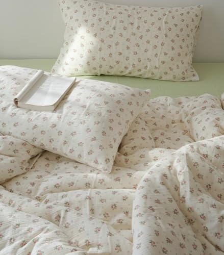 AShanlan Juego de ropa de cama doble de muselina de 135 x 200 cm, algodón rosa con diseño floral, con certificado Öko-Tex, 1 funda nórdica y 1 funda de almohada de 80 x 80 cm con cremallera