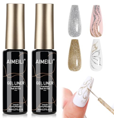 AIMEILI Gel Oro e Argento Liner Smalto Semipermanente 8ml Gel Liner Nail Art Glitter Silver e Gold Soak Off UV LED French Manicure Semipermanente Manicure DIY Nail Art