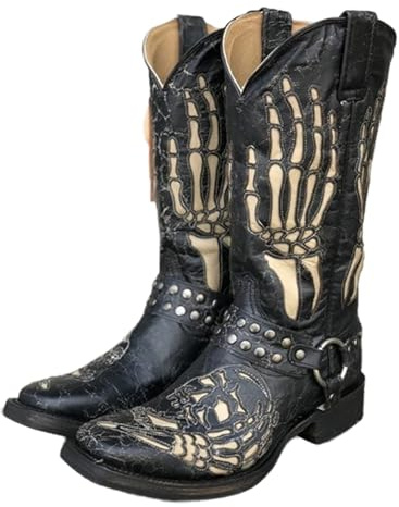 Generisch Bottines 2025 pour homme et femme avec mollet mi-haut, style gothique, talon bas, fermeture éclair, chaussures décontractées pour Halloween et le quotidien, Noir , 47 EU