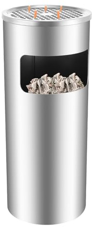 Mesterth - Papelera de 15 litros con cenicero contenedores para basura de cocina, cubo de basura extraíble de acero inoxidable, cenicero sobre pie para exterior, público en la oficina, plateado