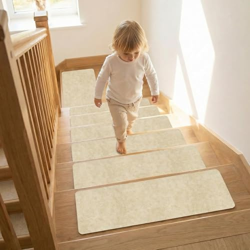 Lifegogo Self Adhesive Stair Treads Carpet: 15 Pack 76x20cm Non Slip Stair Runner with Adhesive Polyester Reusable Stairs Carpet for Elders Kids and Pets Beige | 76x20cm Polyester Reusable Stairs Carpet with Adhesive for Elders Kids and Pets Beige