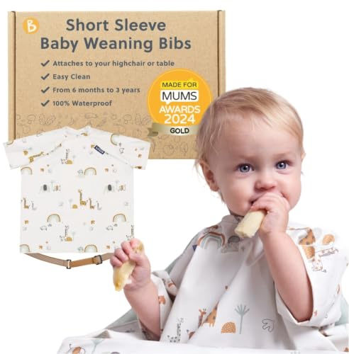 BIBaDO Long Sleeve Baby Bibs - Coverall Weaning Bib with Highchair Strap | Fits babies and toddlers age 6–36 months, waterproof, soft fabric, easy wipe-clean coverall. Machine washable.