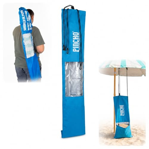 Pincho Sombrilla Playa Funda 142x25cm con asa y cierre ajustable, ventana transparente, impermeable y resistente, para sombrillas hasta 240cm, bolsa transporte jardin (Azul, Bolsa-ANCLA)