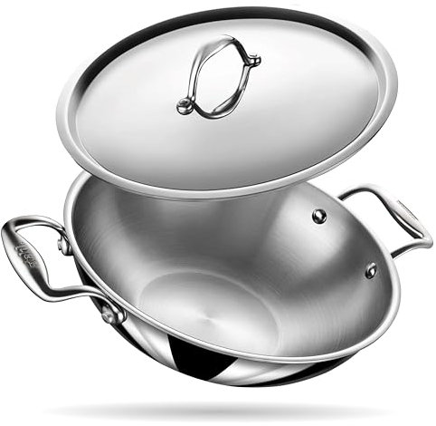 Stahl Edelstahl Triply Wok mit Deckel | Edelstahl-Kochgeschirr Triply Wok | Gas- & Induktionsboden | Ø 34 cm | 8 L (für 8-10 Personen)
