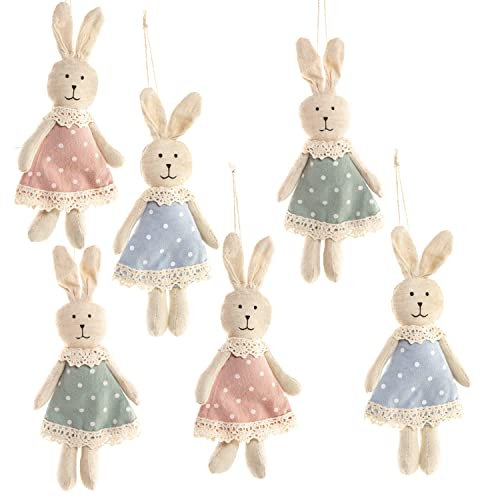 Set de 6 Conejos Colgantes de Pascua de Tela, 17 cm: decoración Infantil en Azul, Verde y Rosa con Cuerda, para árbol de Pascua, habitación Infantil, cestas y Regalos de Primavera