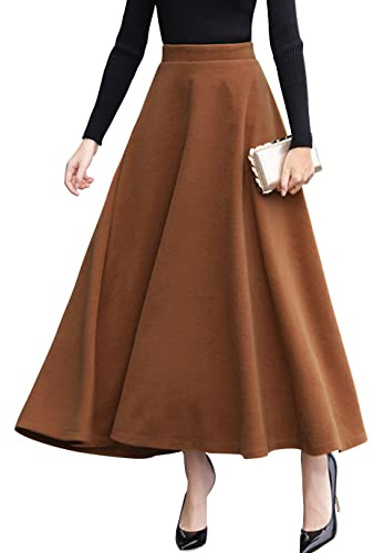 ebossy Women's Vintage High Waist Wool Blend Plaid A-Line Long Maxi Skirt with Pocket (Large, Pure Camel)