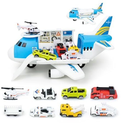 RedCrab Flugzeug Spielset, Transport Flugzeug Spielzeug mit Auto Helikopter und Rampe, Kinder Fahrzeuge Lernspielzeug Spielzeugauto Set Geschenk für Kinder Spielzeug ab 3 Jahre