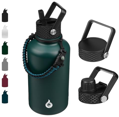 BJPKPK Half Gallon Insulated Water Bottles with Straw Lid, 64oz Large Water Jug, Stainless Steel Cups with 3 Lids and Paracord Handle, Thermos for Hot & Cold Liquid, Army Green