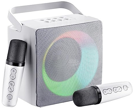 GJCrafts Karaoke Bluetooth con 2 Micrófonos Inalámbricos, Karaoke Profesional Completa con Luz LED, Altavoz de Karaoke con USB/Tarjeta TF/AUX, Sistema de Sonido Regalos para Fiestas y Canto (White)