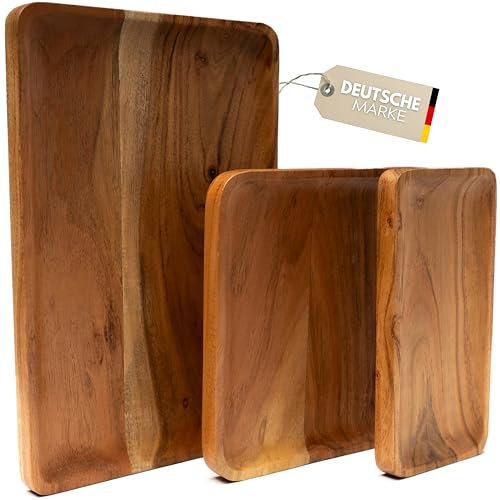 Plogis Holztablett Rechteckig aus Akazie - 3er Set Deko Tablett Holz 30x20cm, 20x20cm, 20x10cm / Dekotablett Holz Länglich/Holzbrett Deko Tablett Ablage Schreibtisch