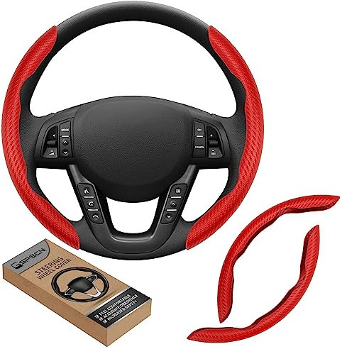 GSPSCN Couvre Volant Voiture，Fibre Cuir 36-39CM Protection Volant Segmentée Universelle，Antidérapant, Respirant, Housse en Fibre de Carbone (Rouge)