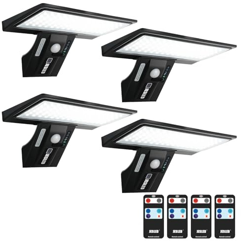 JESLED Solar Powered Lights Outdoor/Outside for Garden Fence Door Yard Pathway, 90 LED Solar Motion Sensor Security/Wall Lights Waterproof 2600mAh, USB Charging (4 Pack)