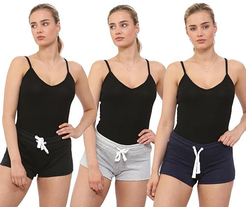 NOROZE Women's Sports Shorts Jogger Pants Pajama Bottoms Drawstring Summer Cotton Fitness Running (14, Pack of 3: Black,Grey,Navy)