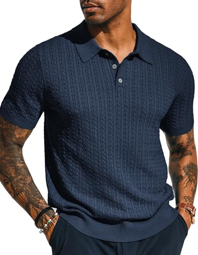 PJ Jones Mens Breathable Knit for Polo Shirts Textured Short Sleeve Casual Knitted for Polo Navy Blue