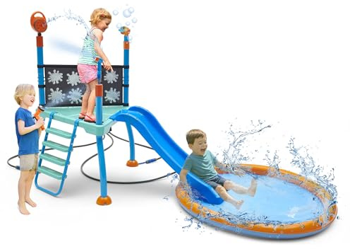 Plum Play Kids Splash Pad Station Water Slide Play Equipment - Outdoor Toddler Water Toys, Sprinkler Pool for Kids, Fun Backyard Water Park with Bubble Blower, Water Reveal Coloring Wall Ages 3 Years+
