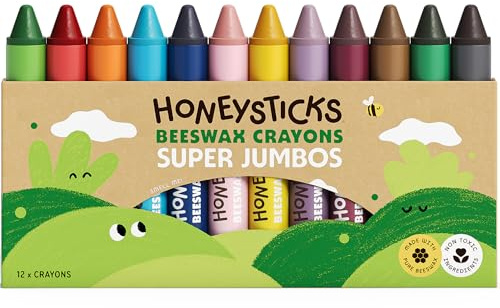 Honeysticks Lapices Super Jumbo Crayons (Paquete de 12) - Lapices cera abeja 100%, colores calidad alimentaria, 1-3 años, irrompibles, extra grandes, fáciles de sujetar y usar, ecológicos