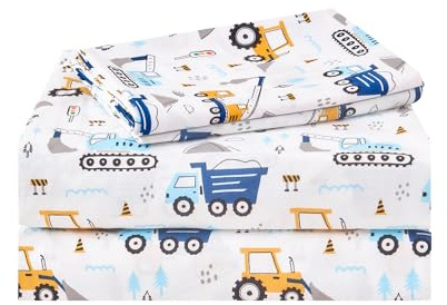 lasoftan Kids Sheet Set Twin Size 3 Pcs, Boys Sheet Set with Blue Excavator Car Pattern，Kids Boys Twin Fitted Sheet，Breathable & Silky Soft Microfiber Fitted Sheet