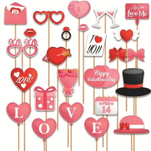 25pcs Engagement Party Decorations Selfie Photo Booth Props, Pink Love Heart Red Lips Happy Valentines Day Party Decorations Props, Birthday Engagement Wedding Photo Props Party Supplies