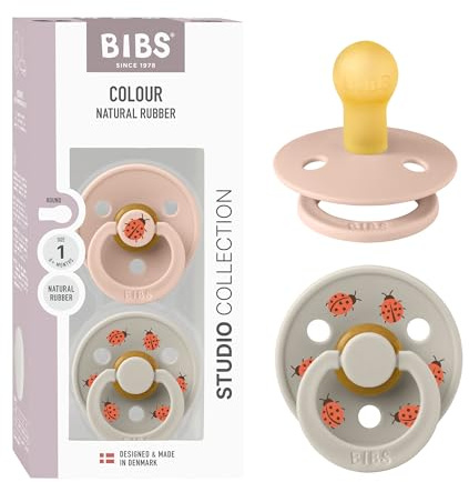 BIBS Colour Studio Soother 2-Pack, BPA Free Dummy Pacifier, Round Nipple. Natural Rubber Latex, Made in Denmark, Size 1 (0-6 Months), Blush/Sand