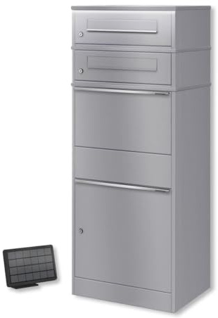 Metzler cassetta postale pacchi doppia unità abitativa acciaio grigio alluminio RAL 9007 LED solare ampia capacità impermeabile resistente intemperie montaggio parete o pavimento design moderno incisi