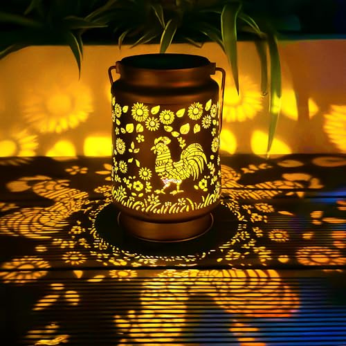 Cawabocy Farmhouse Chicken Birthday Gifts for Men Garden Decor, Outdoor Waterproof Hanging Rooster Solar Lantern Lights Ornaments, Gardening Gifts for Backyard Patio Table Yard Balcony Lawn Pathway