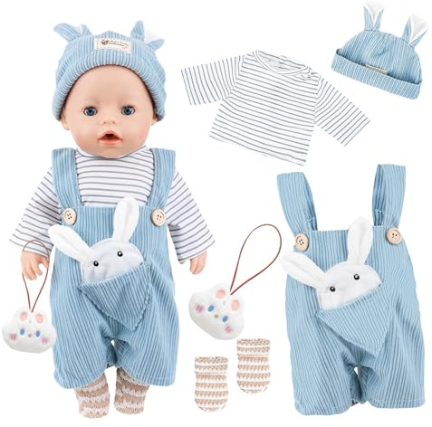 Lot de 5 vêtements pour poupées de 14 à 18 pouces, 35-45 cm, vêtements de poupée pour bébé, 1 combinaison lapin bleu + 1 haut + 1 bonnet à oreilles de lapin + 1 chaussettes + 1 pendentif lapin, cadeau