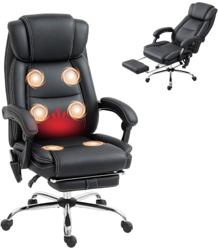 HOMCOM Fauteuil de Bureau massant et Chauffant, Chaise de Bureau Ergonomique avec Hauteur réglable, Dossier inclinable, Repose-Pieds, télécommande Filaire, pivotant 360°, Cuir synthétique, Noir
