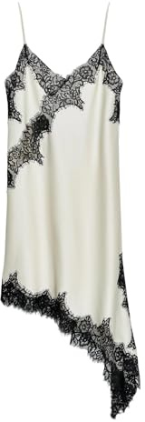 Women's Satin Lace Dress Asymmetric Cocktail Mini Dress Layering Essentials Elegant Dresses Date Night Outfits(White-Black,M)