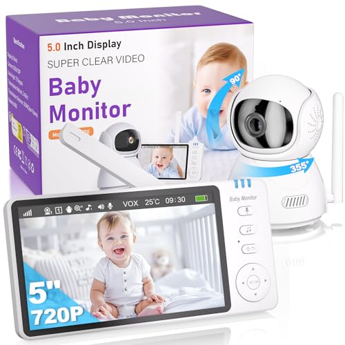 Baby Monitor with Camera and Night Vision, 5”IPS Video Baby Monitor with 30-Hrs Battery, Temperature Alert, Two Way Speaker, Lullabies, VOX Mode, Feeding Reminder, Remote Pan/Tilt/Zoom Camera, No WiFi