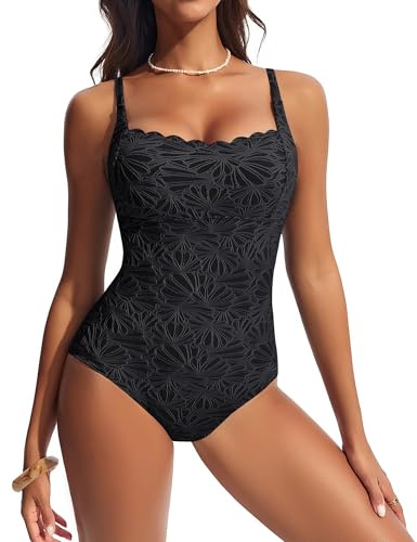 Hanna Nikole Women's Jacquard Textured One-Piece Swimsuit, Square Collar Tummy Control Push-Up Swimsuit, Elegant Adjustable Shoulder Straps, Wavy Edge Swimwear Black
