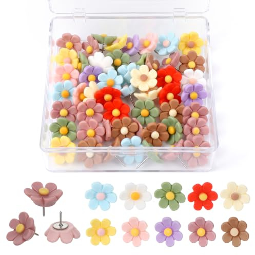 Nogeqi 50PCS Flower Push Pins, Cute Pins for Cork Board | Decorative Floral Pins for Pinboard, Drawing Pins for Notice Board, Thumb Tacks for Photo Wall Office Supplies, Multicolor