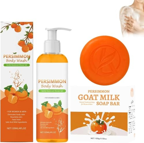 Persimmontvål och duschgel set för frisk hud utan obehaglig lukt, perfekt för äldre, persimmjölk och getmjölk för ansikte och kropp, unisex deodorant tvål