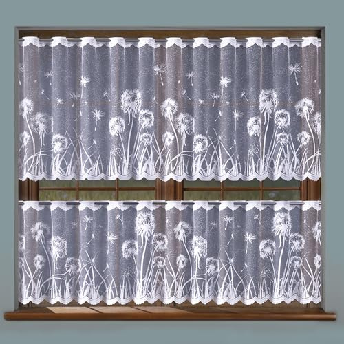 MforStyle White CAFE Net Curtain floral design DANDELIONS - Kitchen Bathroom curtain - HEMMED Sides - MANY SIZES - (selected curtain: 1 Metre Width, DROP: 28 (70cm)
