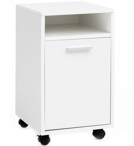 FineBuy Rollcontainer SV51848 Holz 33x60x38cm Schubladenschrank Büro Container, Schreibtischcontainer mit Tür & Ablage, Bürocontainer Beistellcontainer mit Rollen, Kleiner Schubladencontainer