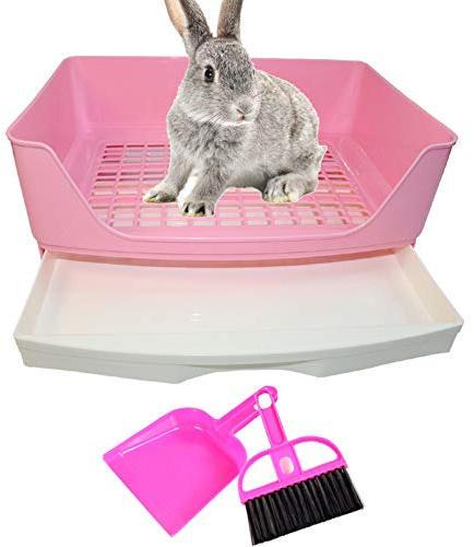 PINVNBY Large Rabbit Litter Box Bigger Pet Litter Pan Trainer with Drawer Corner Toilet Box for Adult Guinea Pigs Chinchilla Ferret Hedgehog Small Animals(Pink)