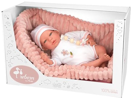 ARIAS - Reborn Lola Puppe, 40 cm, mit weißer Kleidung und rosa Mütze und Babywanne, Neugeborenes mit Vinylkörper, Windelzubehör, Schnuller und Schnuller, Spielzeug für Kinder ab 3 Jahren (ARI98110)