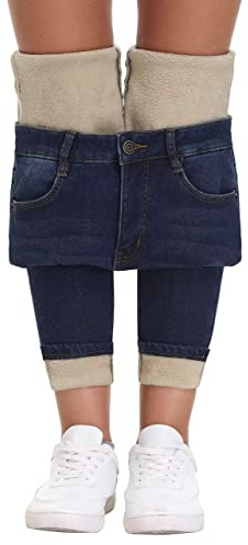 KDF Womens Fleece Lined Jeans Women Thermal Winter Jeans Warm Stretch Denim Fleece Lined Pants Jeans Navy Blue Size 12